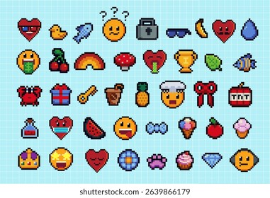Pixels Y2k funny playful emoticon stickers. Love, kiss, melting smile. 8-bit retro style vector illustration for social media. Set of emoticons pixel art. Emoji pixelated icons. Various faces