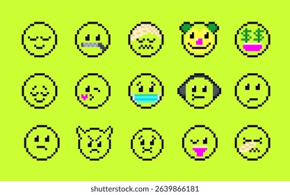 Pixels Y2k funny playful emoticon stickers. Love, kiss, melting smile. 8-bit retro style vector illustration for social media. Set of emoticons pixel art. Emoji pixelated icons. Various faces