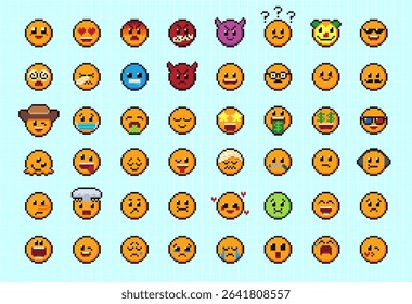 Pixels Y2k funny playful emoticon stickers. Love, kiss, melting smile. 8-bit retro style vector illustration for social media. Set of emoticons pixel art. Emoji pixelated icons. Various faces