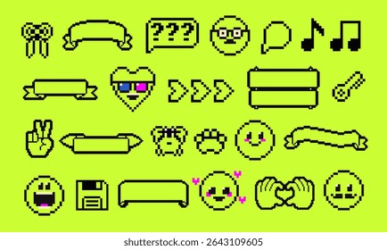 Pixels Y2k funny playful emoticon stickers. Love, kiss, melting smile. 8-bit retro style vector illustration for social media. Set of emoticons pixel art. Emoji pixelated icons. Various faces
