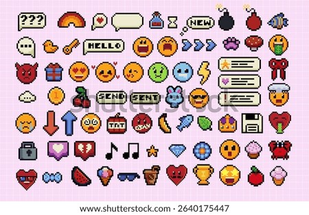 Pixels Y2k funny playful emoticon stickers. Love, kiss, melting smile. 8-bit retro style vector illustration for social media. Set of emoticons pixel art. Emoji pixelated icons. Various faces