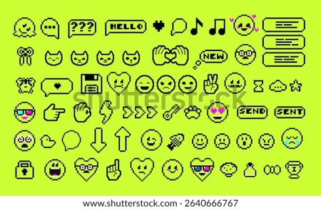 Pixels Y2k funny playful emoticon stickers. Love, kiss, melting smile. 8-bit retro style vector illustration for social media. Set of emoticons pixel art. Emoji pixelated icons. Various faces