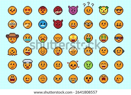 Pixels Y2k funny playful emoticon stickers. Love, kiss, melting smile. 8-bit retro style vector illustration for social media. Set of emoticons pixel art. Emoji pixelated icons. Various faces