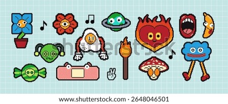Pixels Y2k funny playful emoticon, emoji faces, icon stickers. . 8-bit retro style vector illustration for social media. Set of pixel art. Emoji pixelated icons.