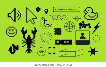 Pixels Y2k trendy playful abstract stickers. Cyber style. Simple shapes, digital elements. Green neon color for techno party. Flat web icons. Trendy Geometric Brutalism UI. Pixels art, 90's aesthetics