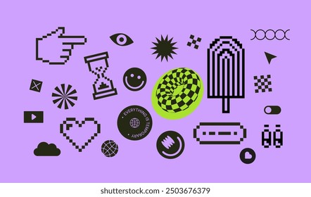 Pixels Y2k trendy playful abstract stickers. Cyber style. Simple shapes, digital elements. Purple , neon for techno party. Flat web icons. Trendy Geometric Brutalism UI. Pixels art, 90's aesthetics