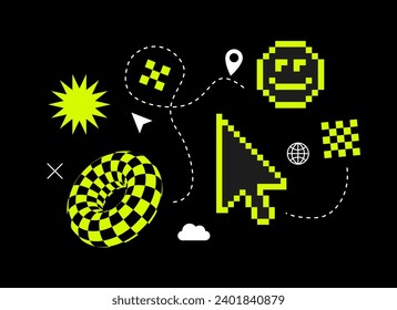  Pixels Y2k trendy playful stickers. 8bit icons abstract. Trendy Geometric Brutalism UI. Yellow neon. Retro Pixels elements in the mood of 90's aesthetics. style illustration. cursor, emoji, , 