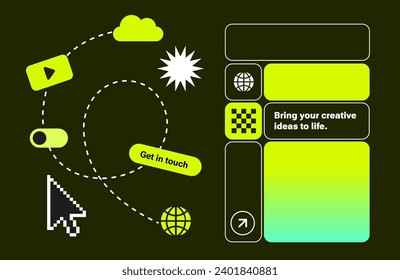  Pixels Y2k pegatinas de moda. Plantilla para interfaz de usuario, pantalla digital. Resumen de iconos planos de la web. UI de Brutalismo Geométrico de moda. Elementos de neón amarillo. Elementos retro pixels en el estado de ánimo de la estética de los años 90