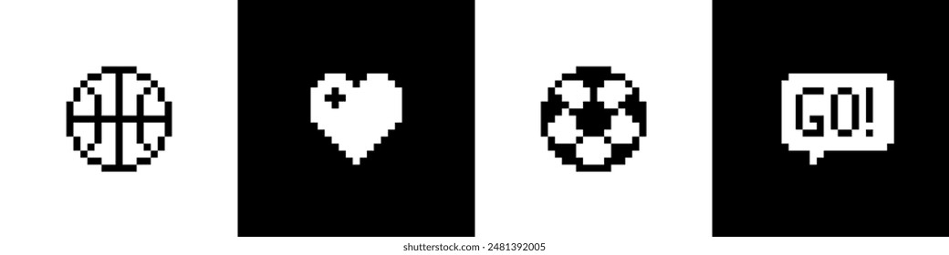 Pixels Y2k trendy playful stickers. Basketball. Soccer. Pixel speech. Abstract icons. Pixel art 8 bit design. Go, love football concept. Black and white colors. Mood of 90's aesthetics. Simple form