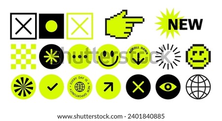  Pixels Y2k trendy playful stickers. 8bit icons abstract. UI. Yellow neon. Retro elements in the mood of 90's aesthetics. illustration. emoji, Hand click cursor and pointer icon.