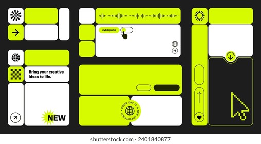  Pixels Y2k trendy playful template for web.grids. UI, digital screen. web icons, buttons. Trendy Geometric UI. Yellow neon elements. Gradient mood of 90's aesthetics. hourglass pixels