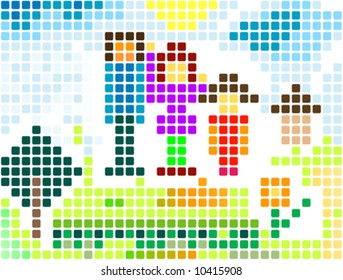 pixels;family, tree, house, flower, sky