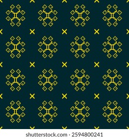 Pixel-style native pattern with vibrant yellow symbols on teal. Traditional motifs in diamond formations with X accents. Ideal for digital art and cultural designs.​​​​​​​​​​​​​​​​
