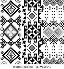 Pixel-style tribal pattern in black and white with a white background. Features three vertical strips of traditional geometric designs, ideal for backgrounds, textile design, fashion, or print project