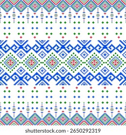 Pixel-style tribal pattern on a white background. Featuring vibrant blue, green, and red colors arranged in geometric diamond shapes and traditional ethnic symbols. Perfect for textile design, prints.