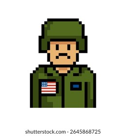 Veterano do Exército dos EUA no estilo Pixel vestindo um uniforme com um distintivo patriótico, homenageando o serviço nacional e a independência.