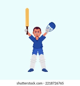 Pixet Art Cheerful Batsman Character In Winning Pose On Pastel Blue Background.