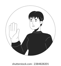 Pixie cortó a una mujer coreana ondeando con la mano una ilustración vectorial 2D en blanco y negro. La guapa dama asiática saluda al personaje de dibujos animados con la cara aislada. Detente de la mano. Diciendo su imagen plana de perfil de usuario