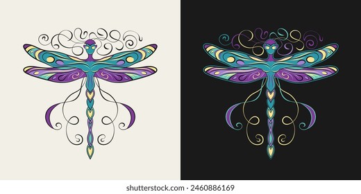 Pixie, little fairy stylized like dragonfly with curled antennae, stretched wings in Art Nouveau style. Single isolated colorful illustration in vintage style.