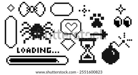 Pixxel y2k trendy elements. 8 bit groovy stickers, borders, decorations. Sandglaa, smile on face, cute paw, geometric shapes pixel art. Emoji retro