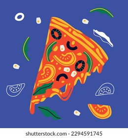 Pizza abstract vector illustration. Pizza cartoon flat banner. Pepper, tomato, cooking ingredients. Fast food abstract illustration.