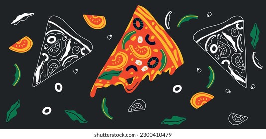Pizza abstract vector illustration. Pizza cartoon flat banner. Pepper, tomato, cooking ingredients. Fast food abstract illustration.	
