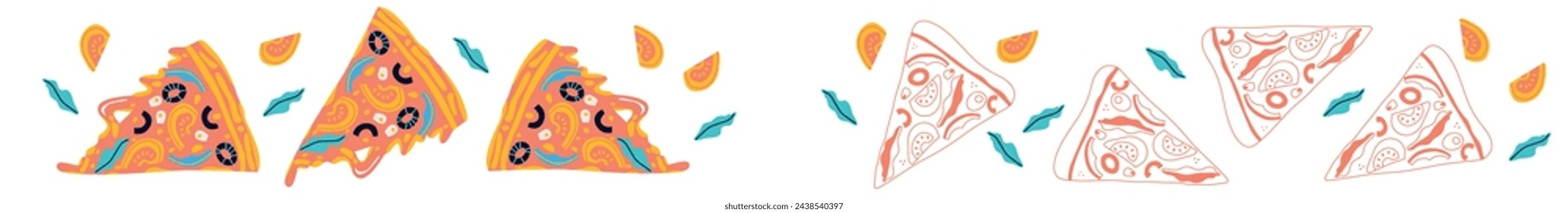 Pizza abstract vector illustration. Pizza cartoon flat banner. Pepper, tomato, cooking ingredients. Fast food abstract illustration.	