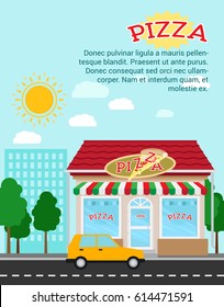 Pizza advertising banner with shop building and landscape, vector illustration