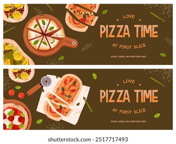 Banners publicitários de pizza ou promoções de mídias sociais. Apresentando ingredientes italianos clássicos como mozarela, pepperoni e espinafre, este design apresenta deliciosas coberturas e sabor caseiro.