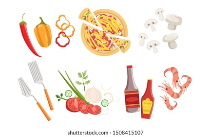 Pizza and All Ingredients for Cooking It, Products and Tools for Pizza Making Vector Illustration