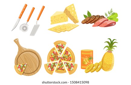 Pizza and All Ingredients for Cooking It Set, Fresh Products and Tools for Pizza Making Vector Illustration