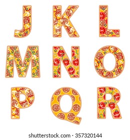 Pizza alphabet J to R on a white background.