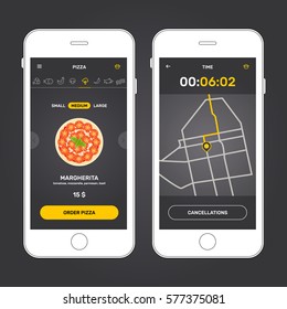Pizza app interface design with ingredient and icons on mobile display. Vector illustration