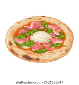 Pizza with arugula, burrata and prosciutto. Vector color realistic illustration for poster, menus, brochure, web. Icon isolated on white