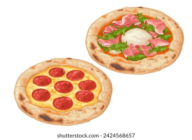 Pizza con rúcula, burrata, salchicha y jamón. Ilustración realista del color del vector para el póster, los menús, el folleto, la web. Icono aislado sobre fondo blanco.