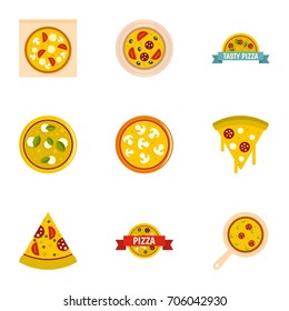 Pizza assortment icons set. Flat style set of 9 pizza assortment vector icons for web design