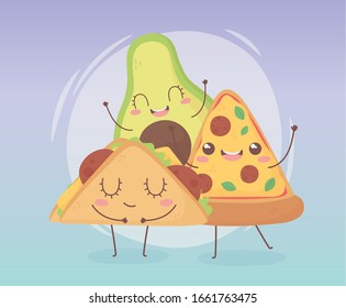 pizza avocado and taco fast food kawaii cartoon character design vector illustration