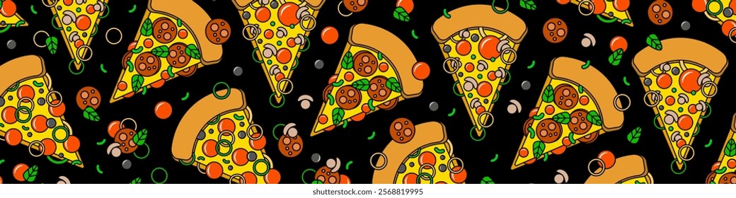 Pizza backdrop. Cartoon slice of pizza pattern on black background. Pizza with sausage, mushrooms, tomatoes and cheese. Vector illustration EPS 10