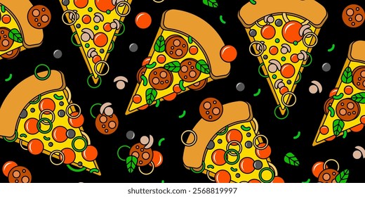 Pizza backdrop. Cartoon slice of pizza pattern on black background. Pizza with sausage, mushrooms, tomatoes and cheese. Vector illustration EPS 10