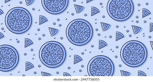 Pizza backdrop. Line pizza pattern on blue background. Vector illustration EPS 10