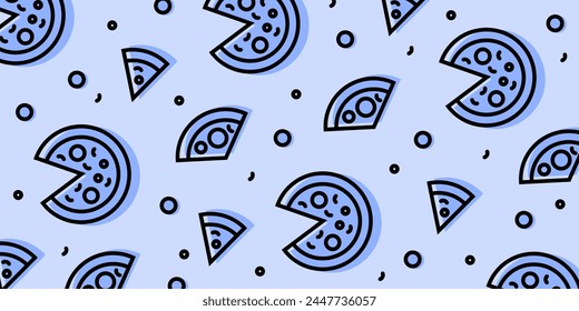 Pizza backdrop. Line pizza pattern on blue background. Vector illustration EPS 10