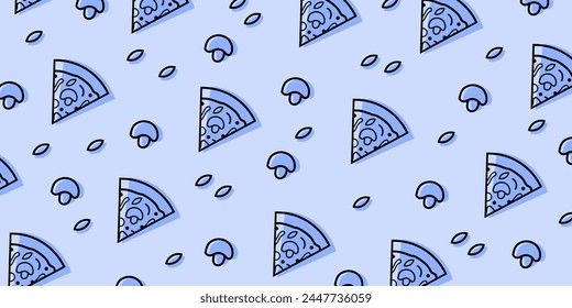 Pizza backdrop. Line pizza pattern on blue background. Vector illustration EPS 10