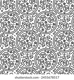 Pizza backdrop. Line pizzas seamless pattern on white background. Fast food cover. Vector illustration EPS 10