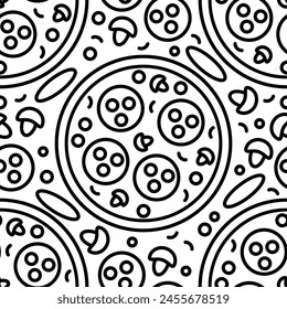Pizza backdrop. Line pizzas seamless pattern on white background. Fast food cover. Vector illustration EPS 10