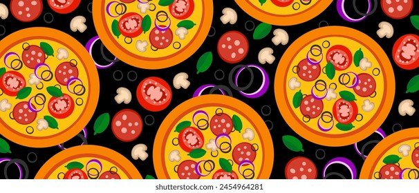 Pizza backdrop. Whole pizza pattern on black background. Fast food cover. Vector illustration EPS 10