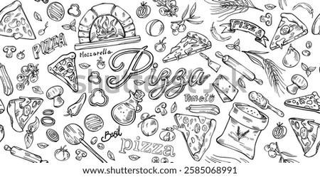  Pizza Background in Doodle Style. horizontal Hand drawn sketch . set vector illustration 