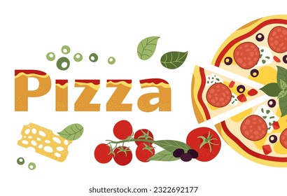 Pizza background, italy pizzeria delivery service banner design. Fresh food, pepperoni, tomato and olives. Italian cuisine decent vector scene