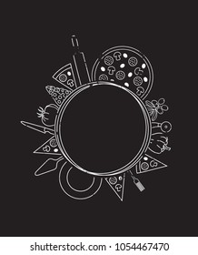 Pizza Background for Menu, Cards, Blogs, Banners. Hand Drawn Pizzeria Template for your text inside.  Circle Frame with ingredients and utensils for design works. Vector illustration.