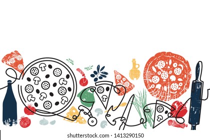 Pizza Background. Pizza Pattern. Continuous Line Drawing.  Vector illustration.