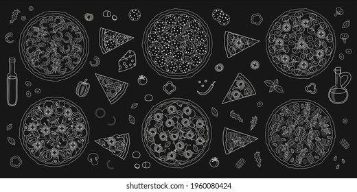 Pizza background - pizza slice and ingredients on black - white sketch on chalkboard - vector elements for pizzeria wall and menu design